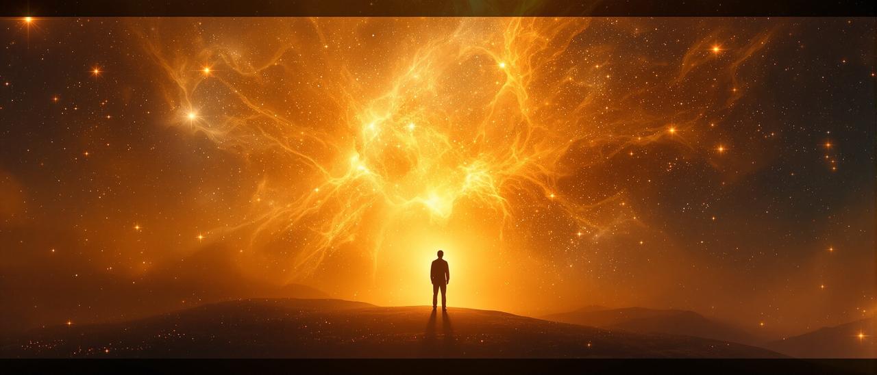 人类面对宇宙未知的抽象艺术表现，小人影对比浩瀚金色星云